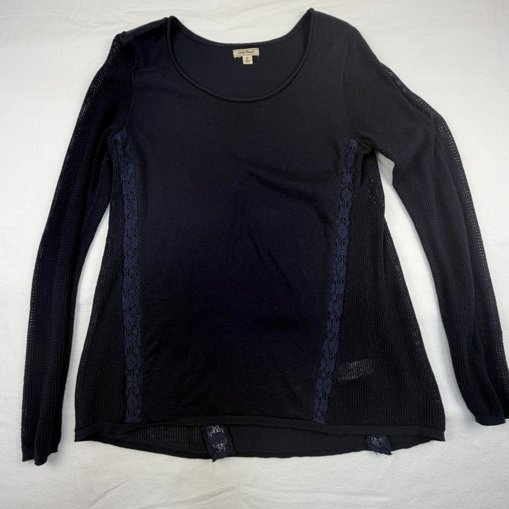 Lucky Brand Women Navy Blue Lace Trim Mesh Sleeve Mixed Mediaโ Knit Top Medium